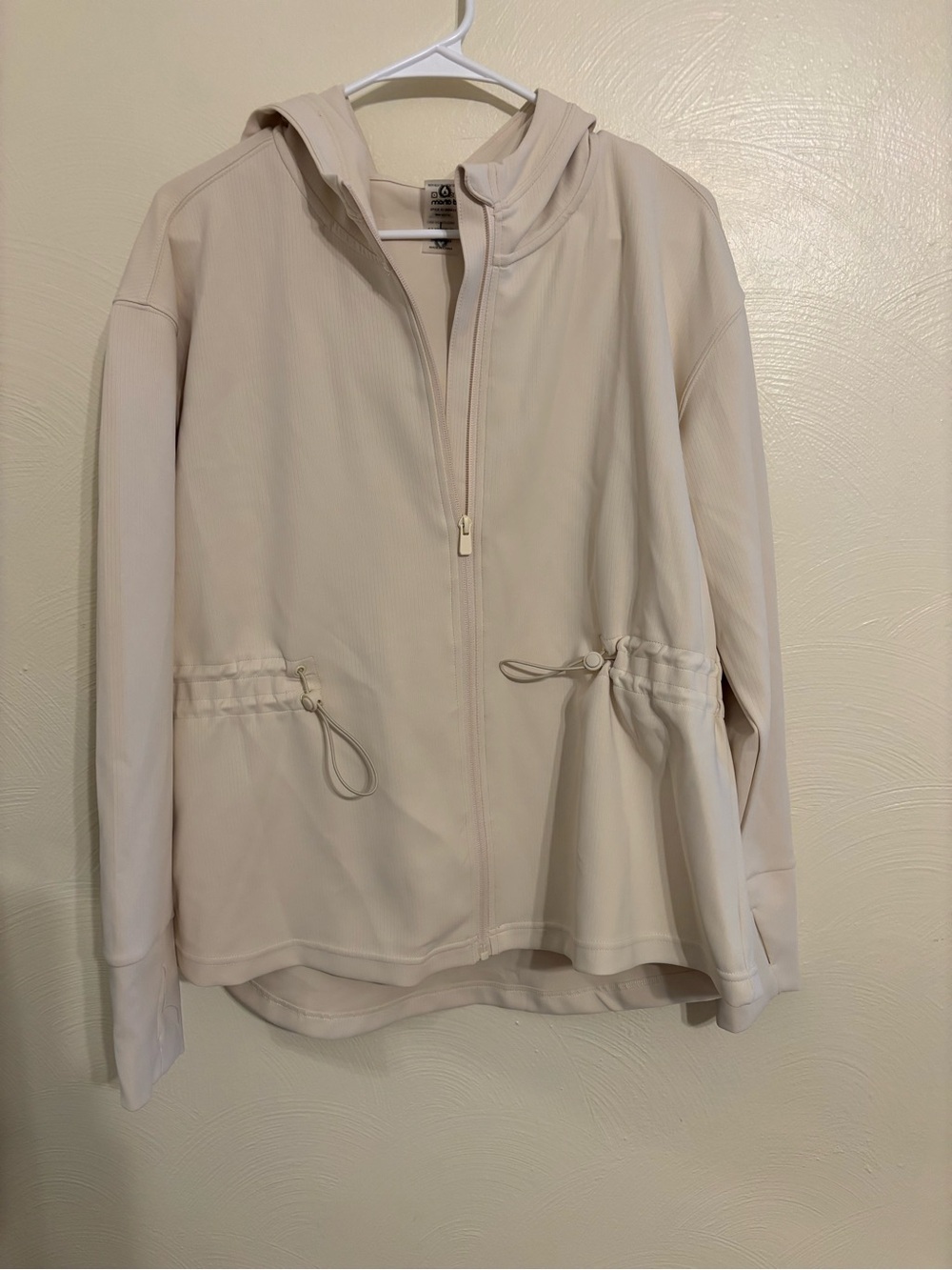 Mono B Ivory Hooded Zip Jacket Drawstring Waist Stretch Athleisure Size L